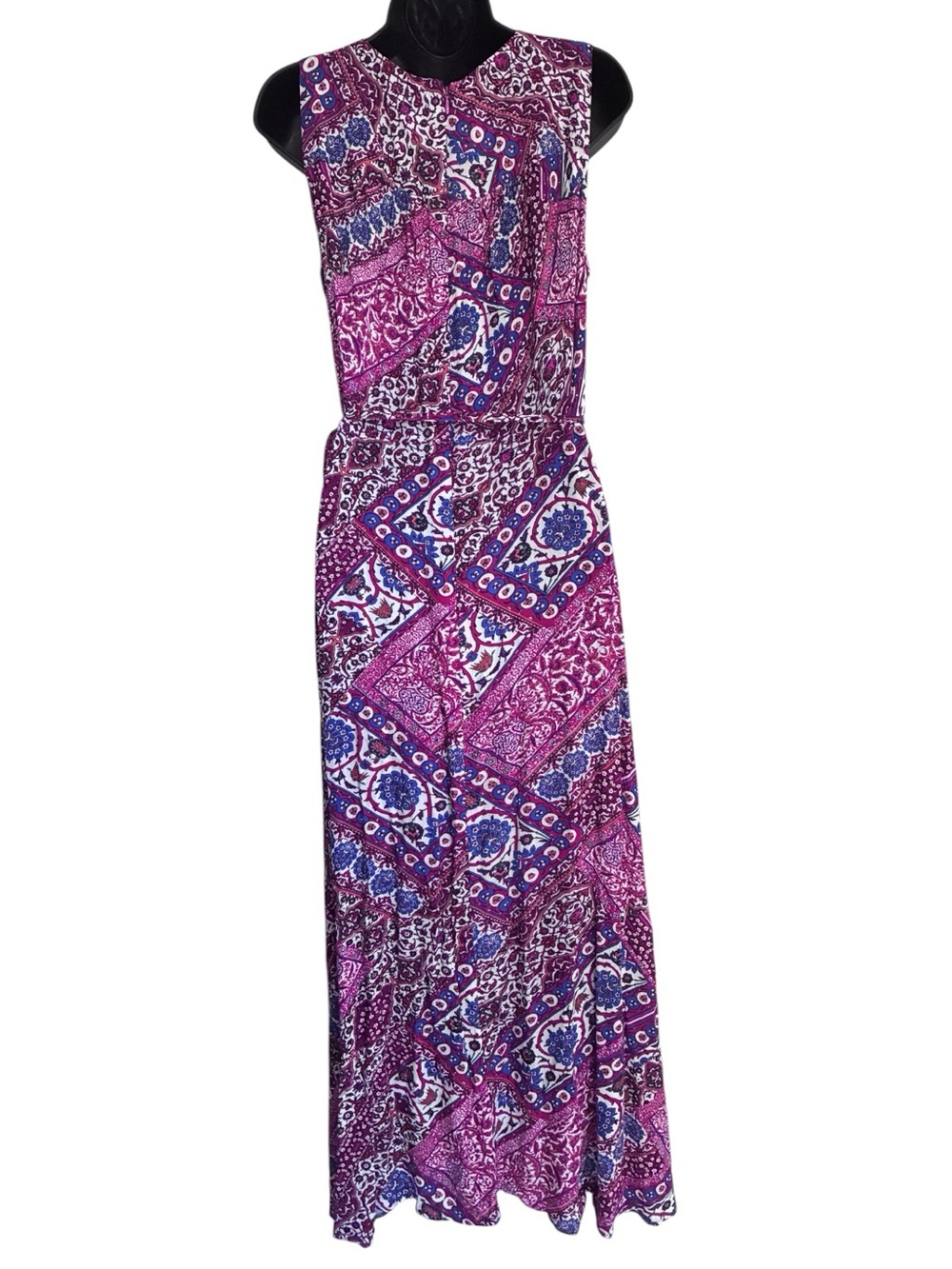 Calvin Klein Boho Patchwork Purple Blue Pink Paisley Faux Wrap Maxi Dress Sz 10 - Picture 2 of 10